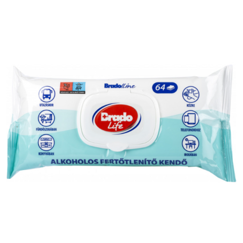 Bradolife alkoholos fertőtlenítő kendő 64db kupakos